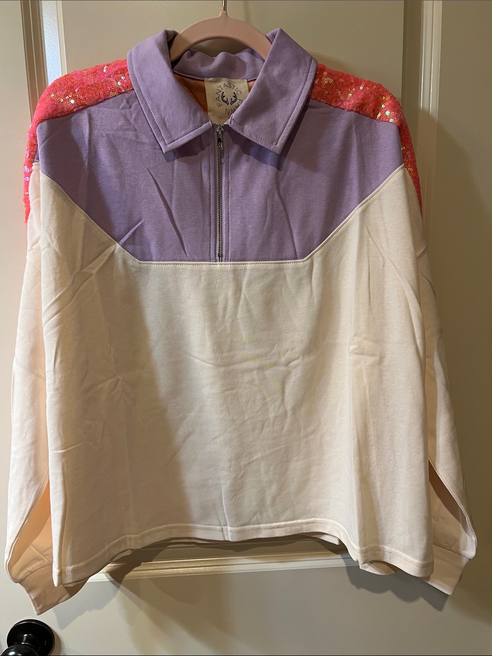 Fantastic Fawn Lavender, Coral & Cream Sequin Panel Pullover